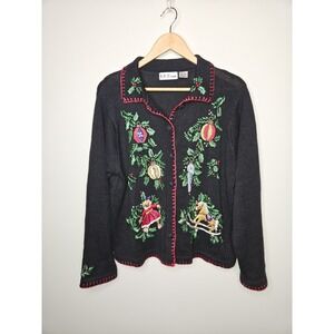 B.P. Design Sweater L Black Embroidered Christmas Holiday Button Up Ramie Cotton